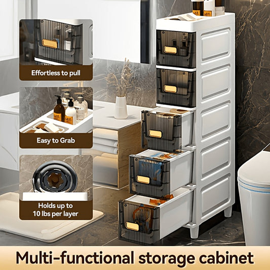 Slim Storage Cabinet with Drawers & Wheels - Waterproof PP Bathroom Kitchen Organizer, 3-5 Layer Tower Unit for Small Spaces