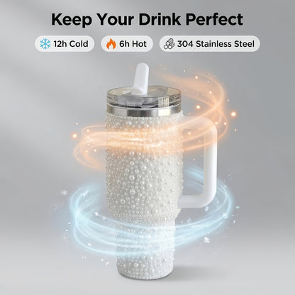 40oz Rhinestone Tumbler with Handle and Straw – Stainless Steel Double Wall Insulated Cup | Pearl Glitter Travel Mug for Sublimation Outdoor Sports Camping Holiday Gift