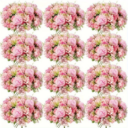 Artificial Peony Flowers 12 Bundles - Faux Peony & Hydrangea Bouquet for Wedding Centerpiece, Table Floral Arrangement, Vase Decor, Home & Holiday Decoration (Blue White, Pink, Purple, White, Green)