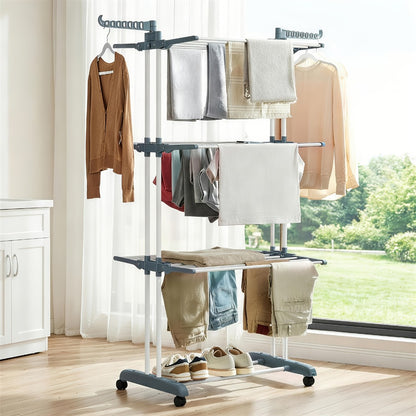 Clothes Drying Rack 4-Tier Foldable Metal Laundry Rack with Rolling Casters, Holds 30+ Garments, Adjustable Shelf Heights, Freestanding Collapsible Clothes Dryer Stand for Bedroom Bathroom Nursery Small Spaces