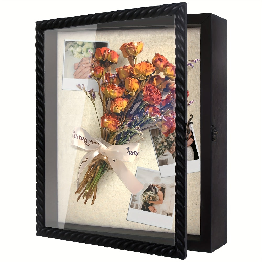 Shadow Box Frame with Linen Back – Large Rustic Memory Display Case 11x14 & 12x16 Inch for Photos, Medals, Coins, Pins, Flowers & Collectibles, 4 Removable Shelves, Black White Brown