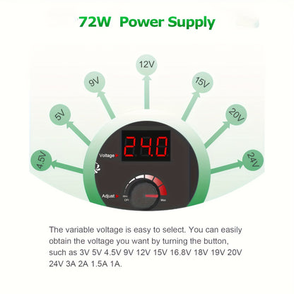 Adjustable AC to DC Power Adapter 72W - 3-24V Variable Power Supply with LCD Voltage Display, Knob Control, 15 Interchangeable Tips, Overvoltage & Short Circuit Protection, 100-240V Universal Input