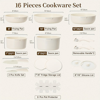 Detachable Handle Cookware Set 16 & 26 Piece Non-Stick PFOA-Free – Stackable Space-Saving Pots and Pans | Oven Safe 480°F Induction Compatible | RV Camping Kitchen Cooking Set in Black & Beige
