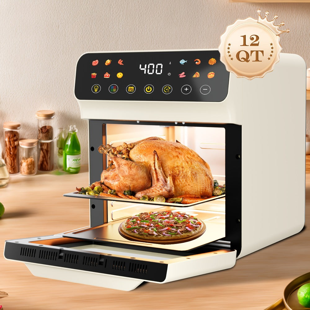 Air Fryer Convection Oven 12QT – 12-in-1 Multi-Function, Touchscreen, Visible Window, Oil-Free Non-Stick Basket, One-Touch Operation, Baking, Roasting, Dehydrating & Fast Cooking