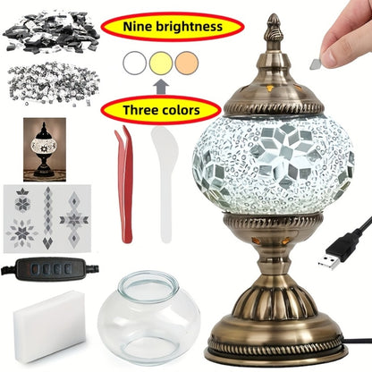 DIY Turkish Moroccan Mosaic Lamp Kit Handmade Glass Metal Brass Dimmable Bohemian Table Light for Bedroom Living Room Office Vintage Boho Decor Gift Multiple Colors 3-Color Adjustable Option