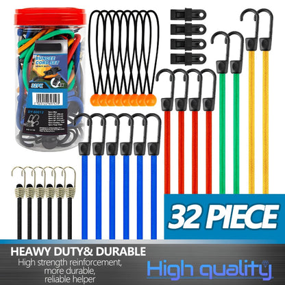 Bungee Cords Assortment 32pcs with Hooks 10 18 24 32 40 Inch Tarp Ball Ties and Tarp Clips Canopy Tie Down Kit for Camping Outdoor Moving Cargo Securing