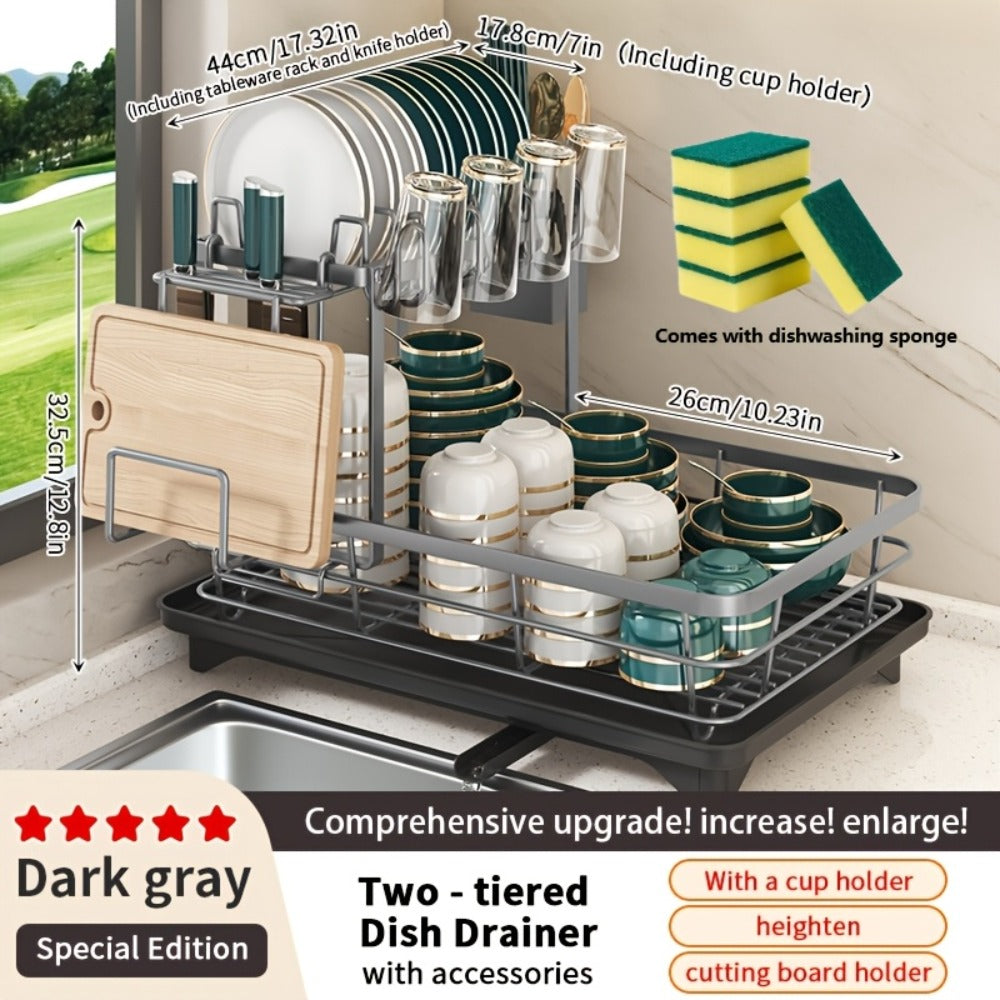 2-Tier Metal Dish Drying Rack with Cutlery Holder Cup Holder & Rust-Proof Drip Tray – Space Saving Countertop Kitchen Organizer