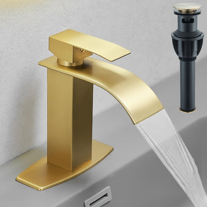 Waterfall Bathroom Sink Faucet, Single Hole or 3-Hole Mixer Tap with 6" Deck Plate, Ceramic Valve, Vanity Faucet for Farmhouse RV Bathroom, Brushed Gold Matte Black Nickel Chrome