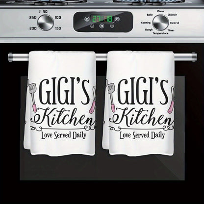 Kitchen Dish Towels 2 Pack 23.6x15.7 Inch - Decorative Hand Towels 370GSM Polyester Cartoon Utensil Graphic Love Served Daily Text Lightweight Soft Absorbent | Home Hotel Restaurant Kitchen Decor Gift