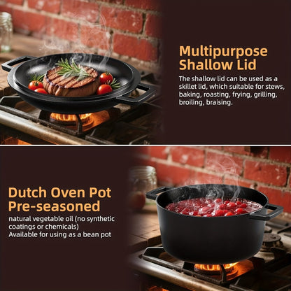 Cast Iron Dutch Oven Set 5.1QT & 7QT with Skillet Lid – Pre-Seasoned 2-in-1 Cookware for Stovetop, Induction, Oven, Campfire & BBQ, Sourdough Bread Baking, Frying, Camping