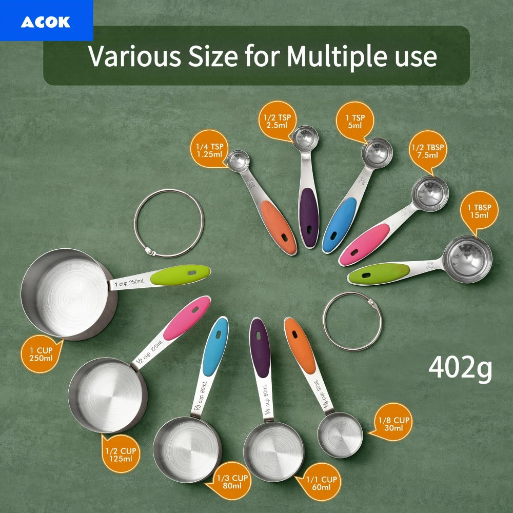Measuring Cups and Spoons Set 10-Piece Stainless Steel with Silicone Handle – Precise Baking & Cooking Measurement Tools | Dishwasher Safe | Christmas Kitchen Gift
