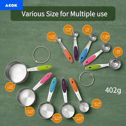 Measuring Cups and Spoons Set 10-Piece Stainless Steel with Silicone Handle – Precise Baking & Cooking Measurement Tools | Dishwasher Safe | Christmas Kitchen Gift