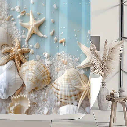 Shower Curtain Set Sea Star Shell Design Polyester with 12 Hooks Non-Slip Bath Mat U-Shaped Toilet Pad Lid Cover Bathroom Decor Set