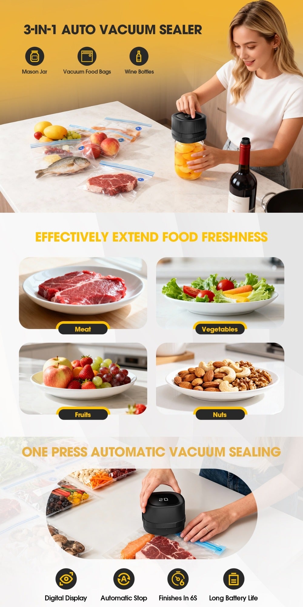 Electric Jar Vacuum Sealer 3-in-1 Food Storage Vacuum Sealer Machine with 14 Sealing Lids Wine Plug Vacuum Bag Bottle Opener – One-Button Operation Leak-Proof Seal for Regular & Wide Mouth Mason Jars