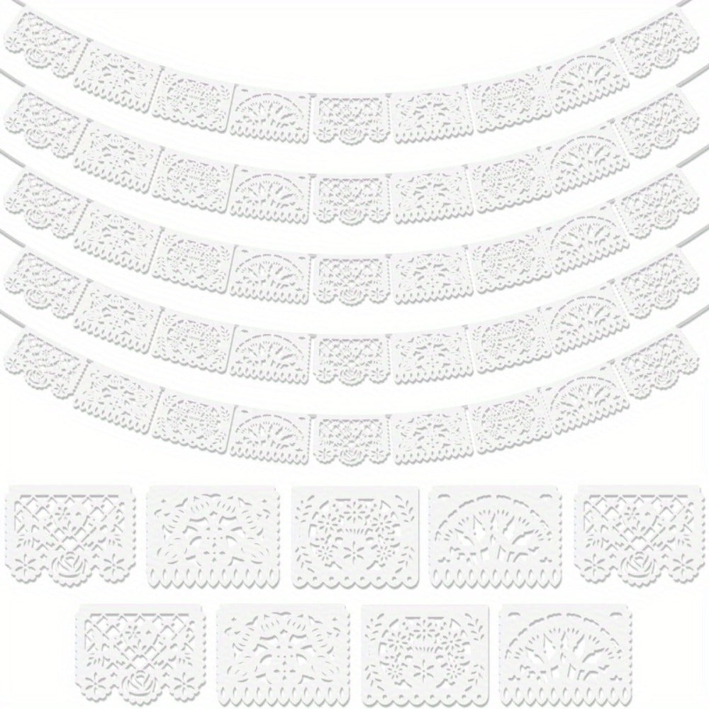 Papel Picado Banners 5 Pack White – Mexican Fiesta Party Decorations, Day of the Dead Decor, Cinco de Mayo Banner, Wedding Fiesta Supplies, 4 Designs 90 Feet Plastic Flags