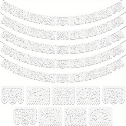 Papel Picado Banners 5 Pack White – Mexican Fiesta Party Decorations, Day of the Dead Decor, Cinco de Mayo Banner, Wedding Fiesta Supplies, 4 Designs 90 Feet Plastic Flags