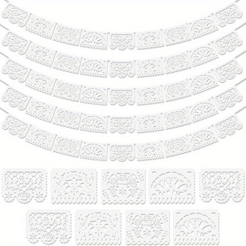 Papel Picado Banners 5 Pack White – Mexican Fiesta Party Decorations, Day of the Dead Decor, Cinco de Mayo Banner, Wedding Fiesta Supplies, 4 Designs 90 Feet Plastic Flags