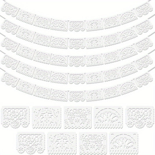 Papel Picado Banners 5 Pack White – Mexican Fiesta Party Decorations, Day of the Dead Decor, Cinco de Mayo Banner, Wedding Fiesta Supplies, 4 Designs 90 Feet Plastic Flags