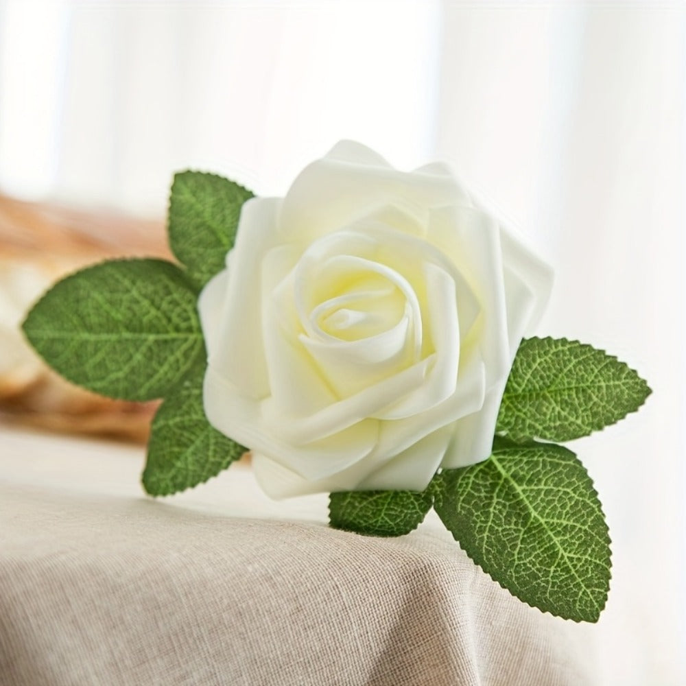 White Artificial Roses with Stem 50pcs – Realistic Fake Silk Rose Flowers for Wedding Bouquets, Centerpieces, Home Decor & DIY Floral Arrangements