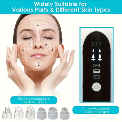 Pore Vacuum Blackhead Remover – 6 Interchangeable Heads & 3 Suction Levels, USB Rechargeable Electric Pore Cleaner, Visible Deep Cleansing Facial Extractor for Men & Women, All Skin Types