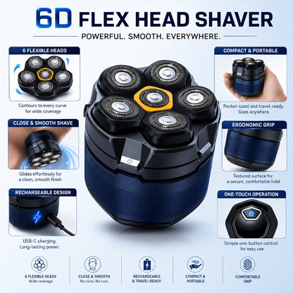 Head Shaver for Bald Men 6-Blade Electric Head Razor Magnetic Floating Blades USB-C Rechargeable 1400mAh LED Display Travel Lock 2-Speed Skin-Friendly Gift for Dad Boyfriend