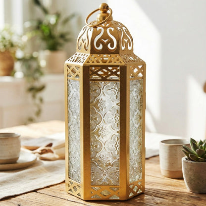 Moroccan Candle Lantern Holder - Decorative Metal & Glass Lantern with Embossed Floral Design for Indoor Home Decor, Garden, Patio, Weddings, Ramadan, Halloween & Holiday Celebrations - 10.5" Tall Medium Size