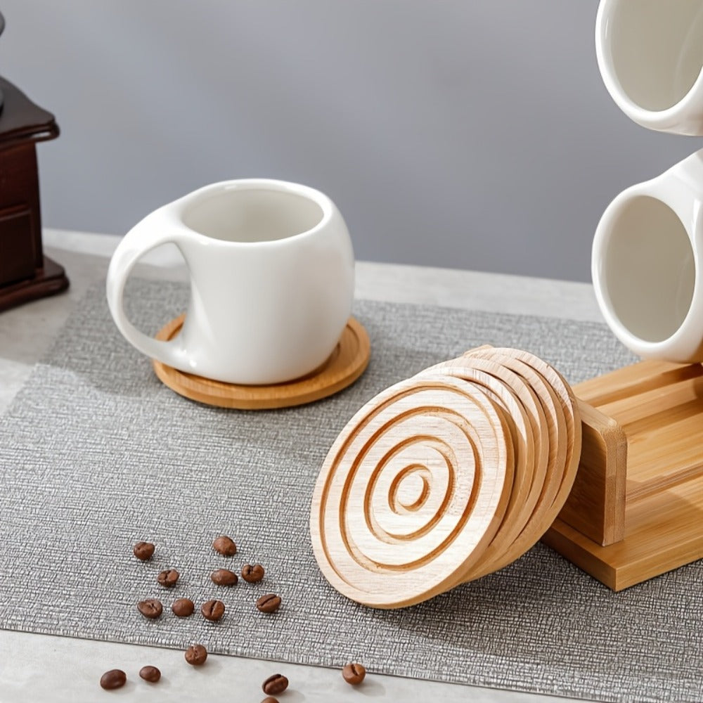 Ceramic Coffee Cup Set of 6 with Wooden Coasters & Cup Holder | 200ml Latte Cappuccino Espresso Tea Mugs | Home Office Café Gift Set