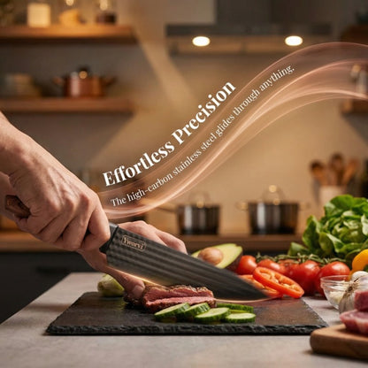 Chef Knife Set 7 Piece High Carbon Stainless Steel Ultra Sharp – Anti-Stick Ergonomic PP Handle, Includes Slicing Knife, Scraper, Scissors & Whetstone, Gift Box for Home, Family & Travel