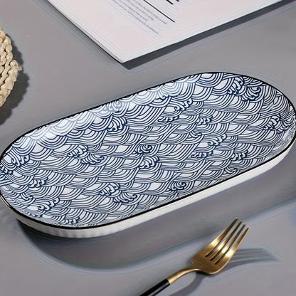 Japanese Blue White Porcelain Fish Plates Set of 4 – 12 Inch Ceramic Serving Plates, Microwave & Oven Safe Steaming Baking Tableware