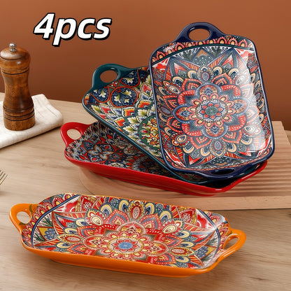 Ceramic Serving Platter Set of 4, Bohemian Rectangular Fish Dish with Double Handles, Baking Tray for Sushi Pasta Desserts Salads Fruits, Ideal for Family Gatherings Picnics Restaurants