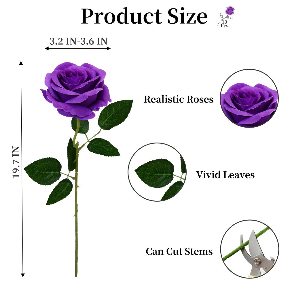 10pcs Artificial Silk Roses Bulk - Fake Flowers for Wedding Home Decor, 19.69" Long Stem, Deep Purple & Dark Green