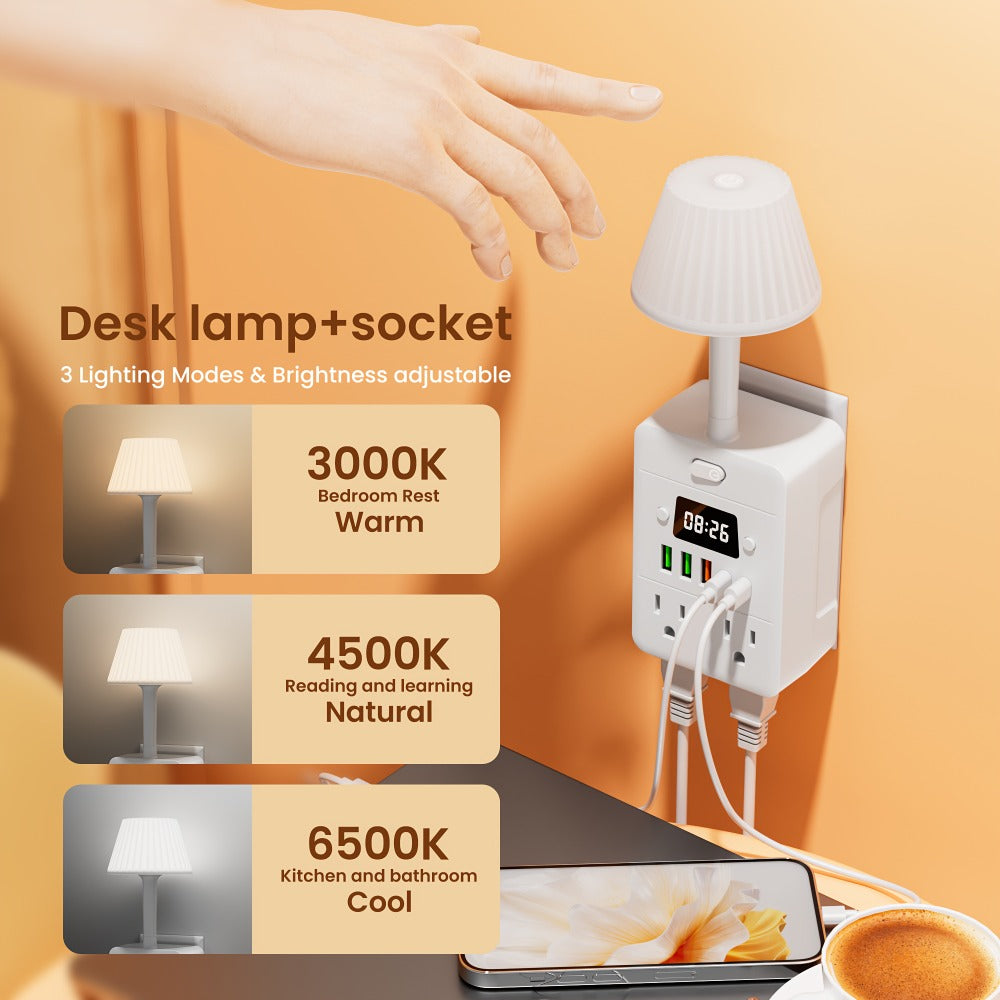 Power Strip Extender with Digital Clock & Desk Lamp – 4 AC Outlets, 3 USB & 2 Type-C Ports, One-Touch On/Off, Overload Protector | Multi-Function Surge Protector for Home, Office, Dorm & School