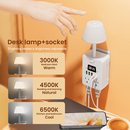 Power Strip Extender with Digital Clock & Desk Lamp – 4 AC Outlets, 3 USB & 2 Type-C Ports, One-Touch On/Off, Overload Protector | Multi-Function Surge Protector for Home, Office, Dorm & School