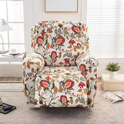 Recliner Slipcover 4pcs Extra Large with Pocket - Spandex Stretch Four Seasons Furniture Protector | Botanical Geometric Prints | Living Room Home Decor Sofa Chair Cover
