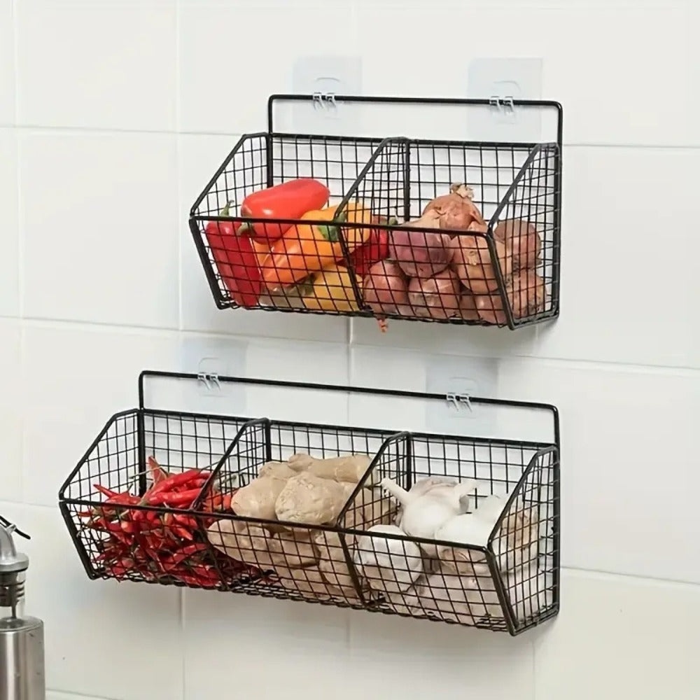 Wall Mounted Kitchen Storage Basket – Metal Wire Rack Organizer, 2 or 3 Grid Tier, Space Saving Vertical Pantry Shelf for Spices, Snacks & Beverages, Home Kitchen & Retail Store Display