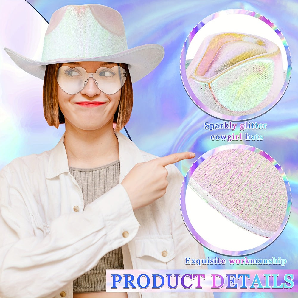 Space Cowgirl Holographic Hat & Rimless Heart Glasses Set 32 Pcs – Sparkly Party Costume Accessories