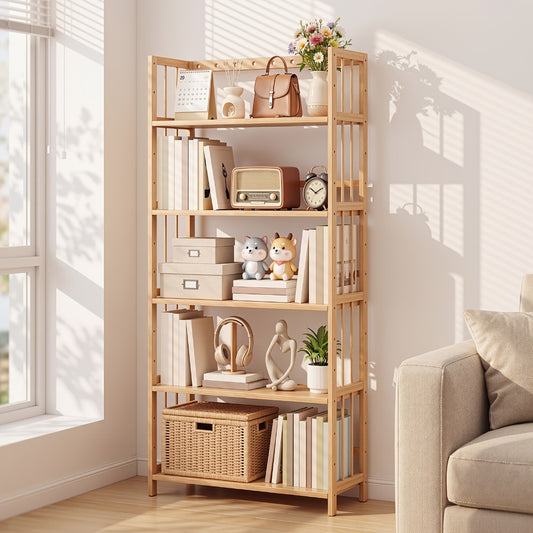 Bamboo Bookshelf Narrow 4 Tier Adjustable Shelves Wooden Bookcase Storage Shelf Organizer for Small Spaces Bedroom Living Room Home Office Standing Shelf