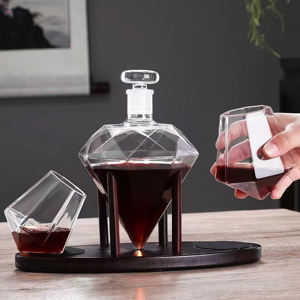 Whiskey Decanter Set with 2 Diamond Glasses & Wooden Rack | Brick Stone Design – Bourbon Rum Vodka Tequila Gift Set for Men Home Bar