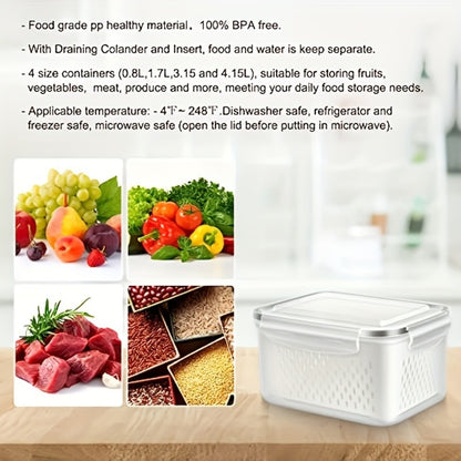 Food Storage Containers Set 6pcs BPA Free Plastic with Drain Baskets and Lids Leak Proof Freezer Safe Reusable for Fruits Vegetables Meal Prep Kitchen Organizer