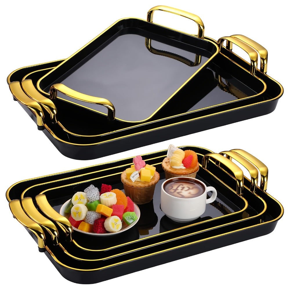 3-Piece Rectangular Serving Tray Set with Handles – Plastic Food Trays for Parties, Dinners & Gatherings, 16.5/15/13.2 Inch Nested Trays for Turkey, Cake, Cheese, Fruit & Appetizers