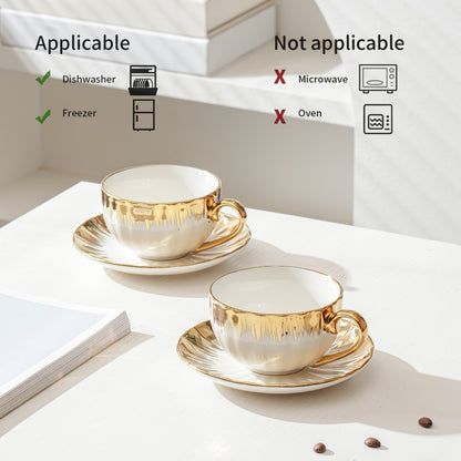 European Ceramic Coffee Cup and Saucer Set of 6 – Light Luxury 8.45oz Porcelain Tea Cups with Plates | Elegant Floral Dinnerware for Wedding Mother's Day Holiday Gift