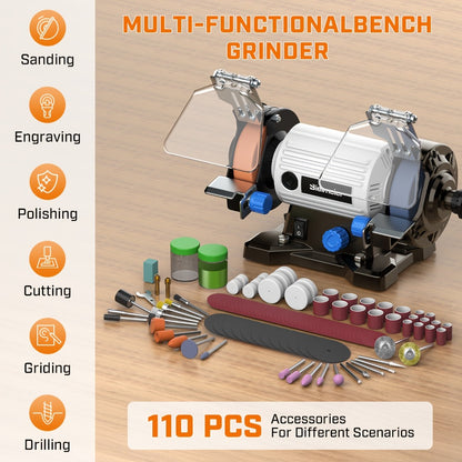 Bench Grinder 3 Inch Rotary Tool Kit 110pcs Accessories Flexible Shaft 105cm Buffer Polisher for Wood Jewelry Metal Plastic Stone Low Noise Compact 3.97LB