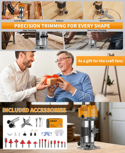 Wood Router Edge Trimmer 800W 6.1Amp Compact Hand Router Tool 35000RPM with Variable Speed, 1/4" Collet, Router Bit Set for Woodworking Slotting Carving Edge Treatment DIY Projects