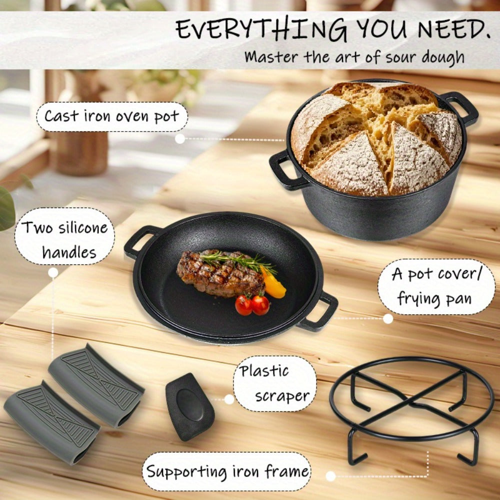 Cast Iron Dutch Oven Set – 6.1QT Deep Pot + 1.9QT Frying Pot, 2-in-1 Cookware with Silicone Handles, Iron Frame & Scraper, Oven, Stovetop, Induction & BBQ Compatible, 6-Pack Bundle