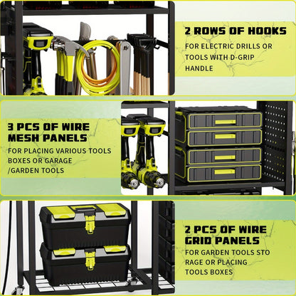 Mobile Tool Cart with Charging Station – 12 Drill Holders & 5 Storage Shelves Power Tool Organizer | Rolling Utility Rack Toolbox with Battery Charging Power Strip for Garage & Workshop | 4 Colors