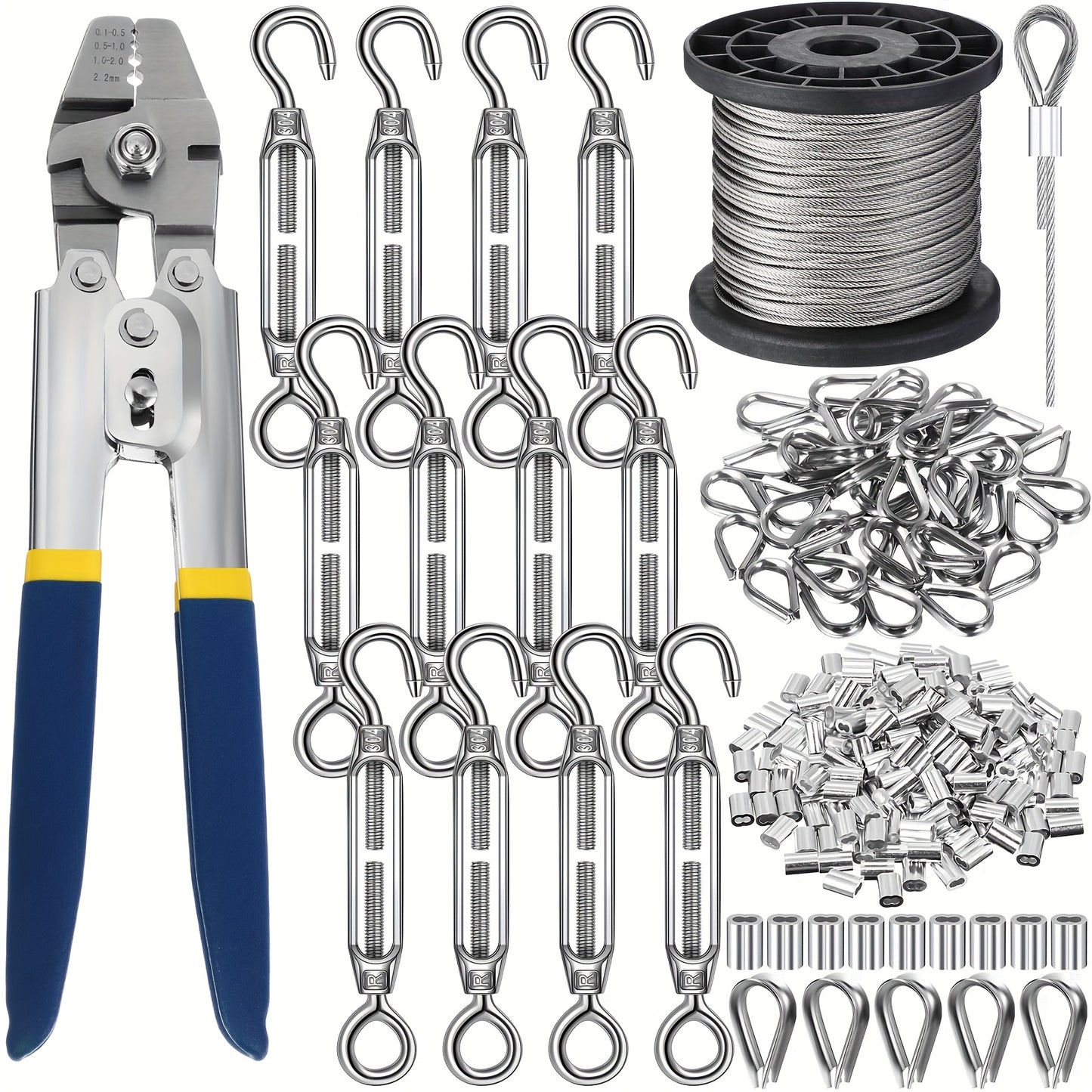 264Pcs Wire Rope Crimping Tool Kit 328ft – Stainless Steel Hook Eye Turnbuckle Thimble Aluminum Crimping Sleeve for Outdoor Garden Railing String Light Hanging