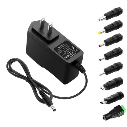 Universal 5V 2A Power Adapter 9-in-1 with 8 Tips - AC/DC 10W Power Supply Type-C Micro-USB Barrel Connectors for Router CCTV LED Strip TV Box