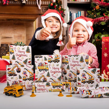 Christmas Wrapping Paper Construction Vehicles - Dump Trucks Excavators Tractors Gift Wrap for Boys Girls, 58"x23" Roll (28.5 Sq Ft)