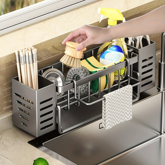 Kitchen Sink Organizer Sponge Holder with Self-Draining Tray Removable Rag Rod Carbon Steel Countertop Storage Rack for Sponges Brushes Soap Bathroom