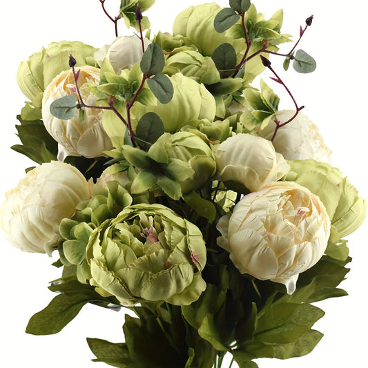 Faux Peony & Hydrangea Bouquet – Vintage Artificial Flowers for Wedding Centerpiece, Bridal Bouquet, Home Decor, Rustic Beige Green Floral Arrangement for Table Vase Living Room & Event Decor